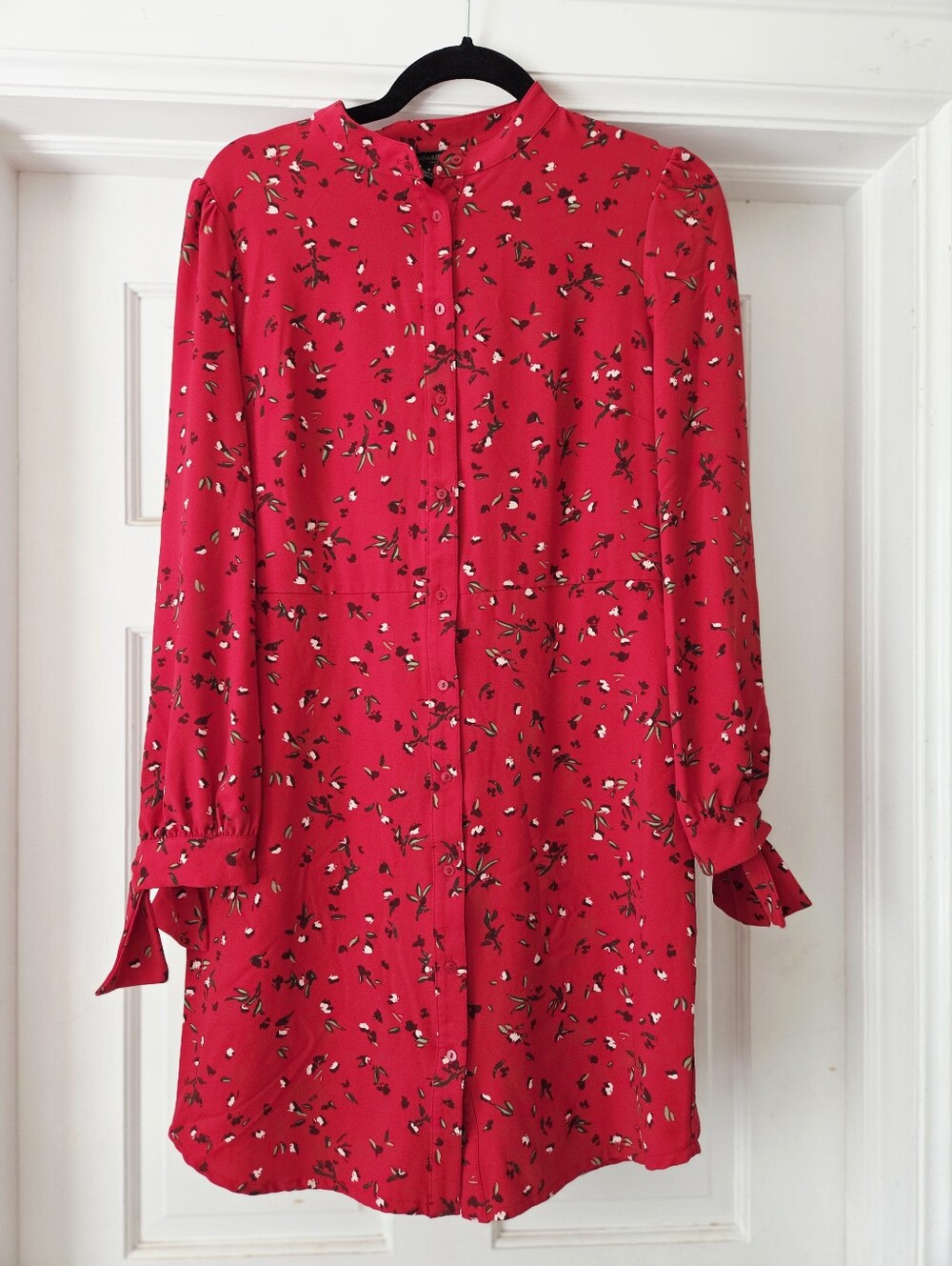 Banana Republic Red Ditsy Floral Tie Cuff Shirt Dress 6 EUC